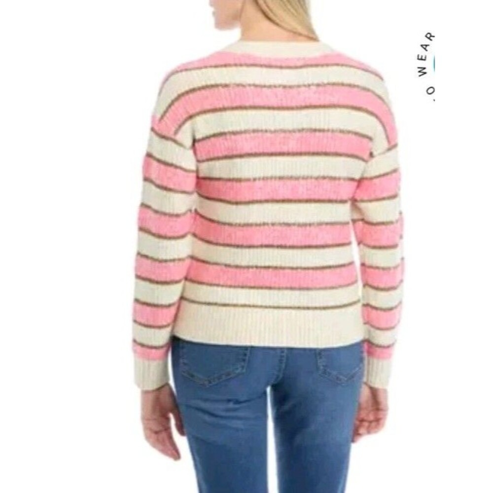 Crown & Ivy Women's Stripe Shine Sequin Cardigan Large Pink Tan Gold NWT S.1 - Picture 2 of 9